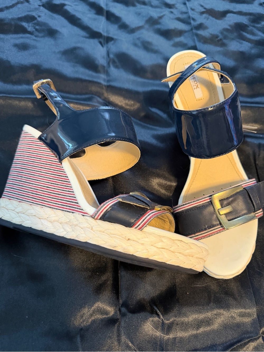 Geox Navy Patent Wedge Sandals with Striped Espadrille